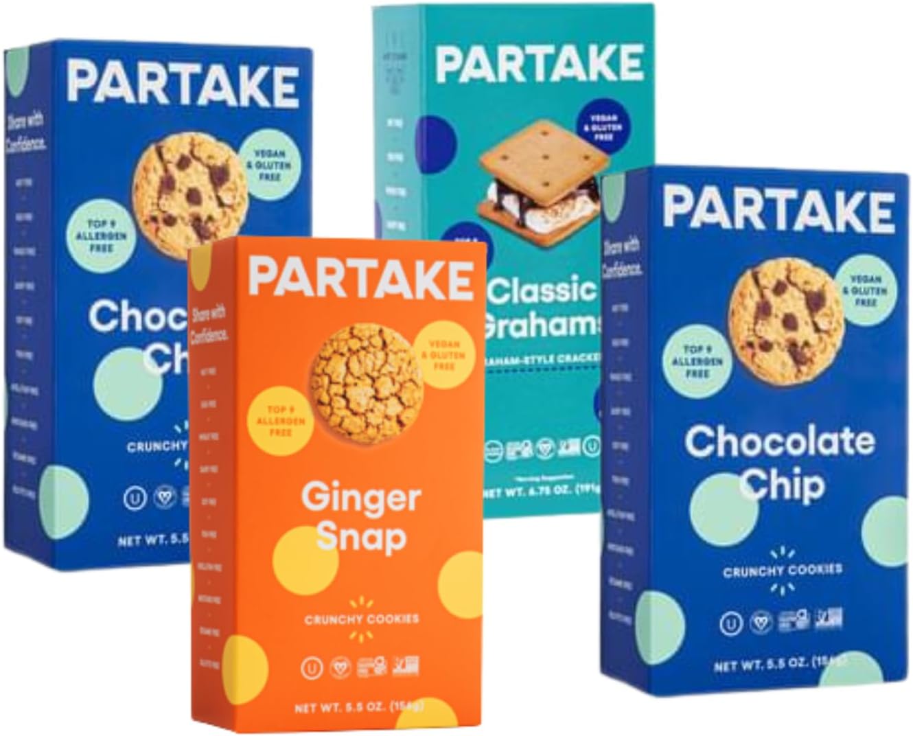 Gluten Free Partake Crunchy Cookies Variety Pack (Chocolate Chip, Ginger Snap, Graham Cracker) - Vegan - Free From the Top 9 Allergens Including Dairy, Wheat, Soy, Eggs, & Peanuts - Non GMO - Safe School & Office Snack (4 Pack, 5.5oz Boxes)