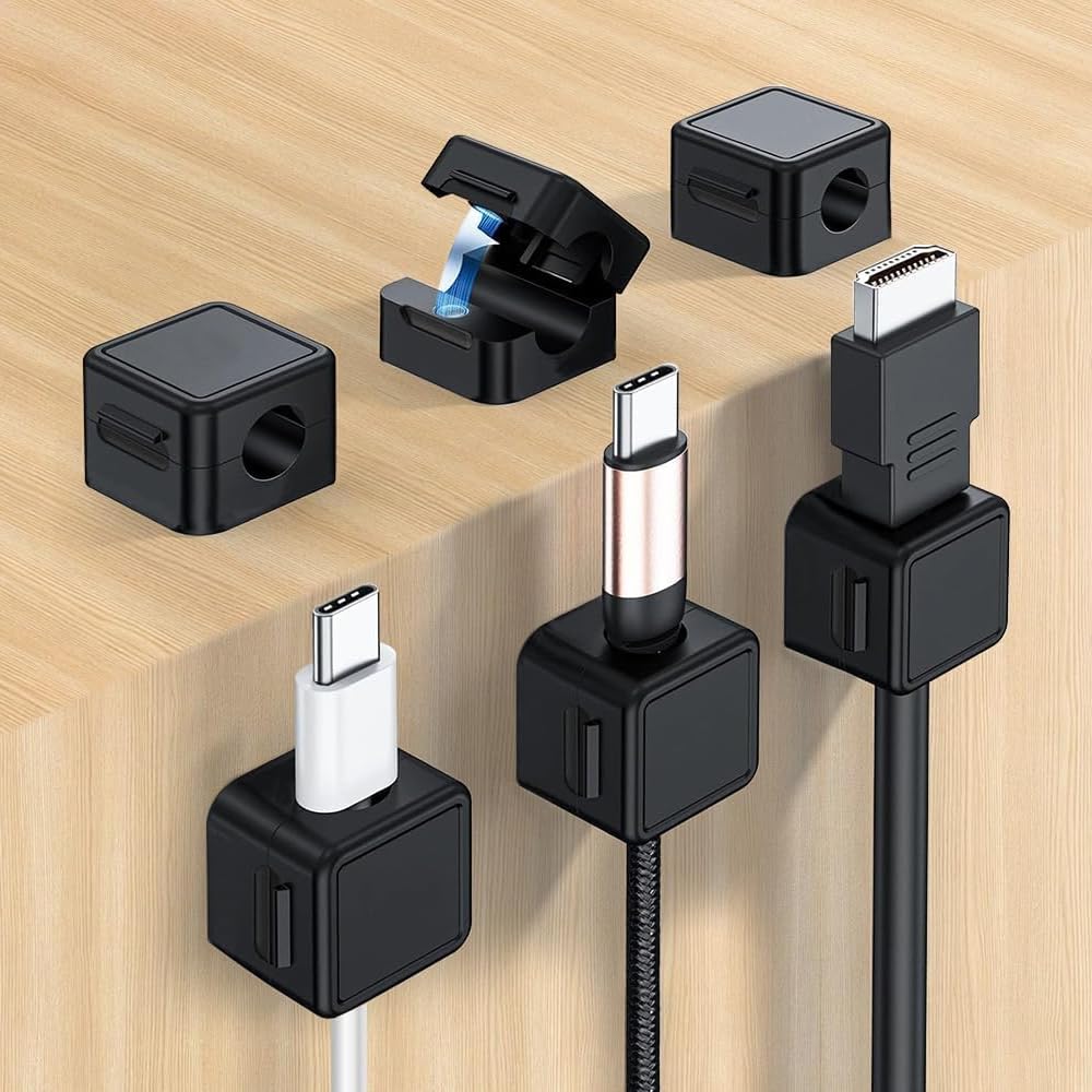 Black 6-Pack Magnetic Cord Organizer，Cable Management Solution for Desk and Office, Keep Phone USB Charger Cables Tidy and Concealed