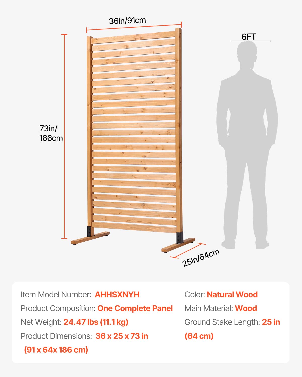 VEVOR Drewniana ochrona przed wzrokiem, 91 cm szer. x 193 cm wys., wolnostojący panel prywatności z drewna, ze stojakiem, dekoracyjna osłona prywatności na taras, na balkon, patio, trawnik, ogród