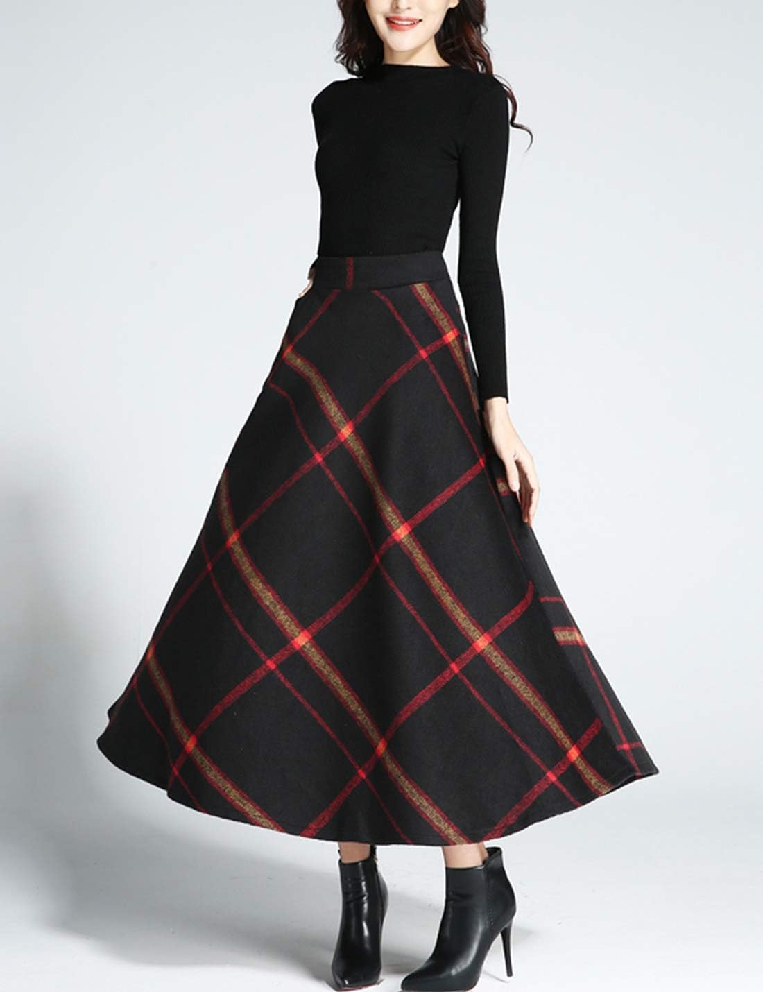 Tanming Women's Winter Warm Elastic Waist Wool Plaid A-Line Pleated Long Skirt - Image 2