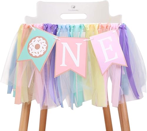 Cartel de cumpleaños de 1 a 2 años de edad – Cartel para silla alta de cumpleaños con tema de dona, un grupo de tutú de cinta de arco iris suave,