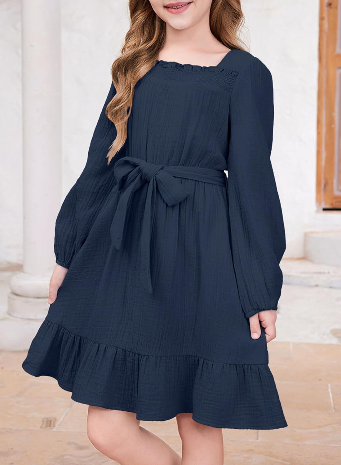 blibean Girls Cotton Long Sleeve Dresses Ruffled Semi Formal Dress Size 6-15 Years - Image 4