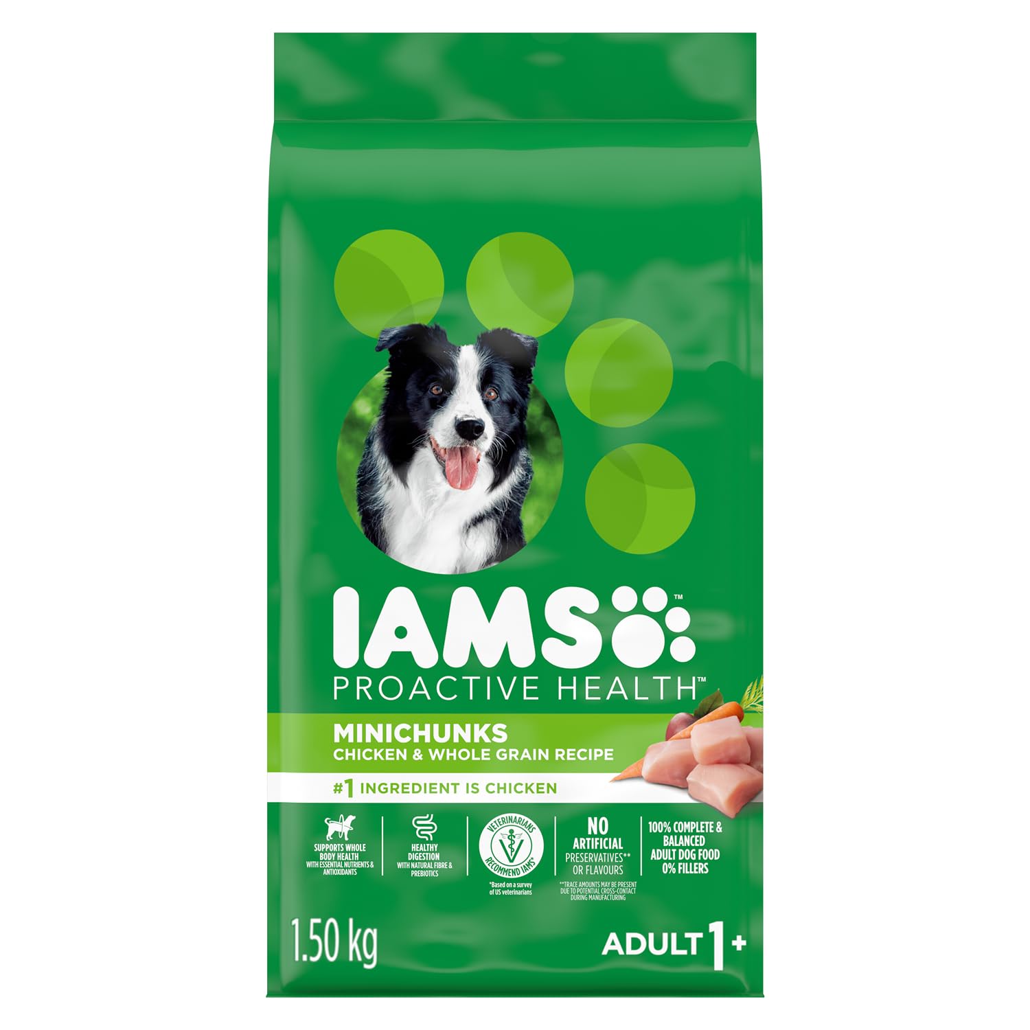 IAMS Proactive Health Minichunks Dry Dog Food – Crunchy Kibble for Adult Dogs – Chicken & Whole Grain Recipe – 1.50KG (3.3LB) Bag - 1
