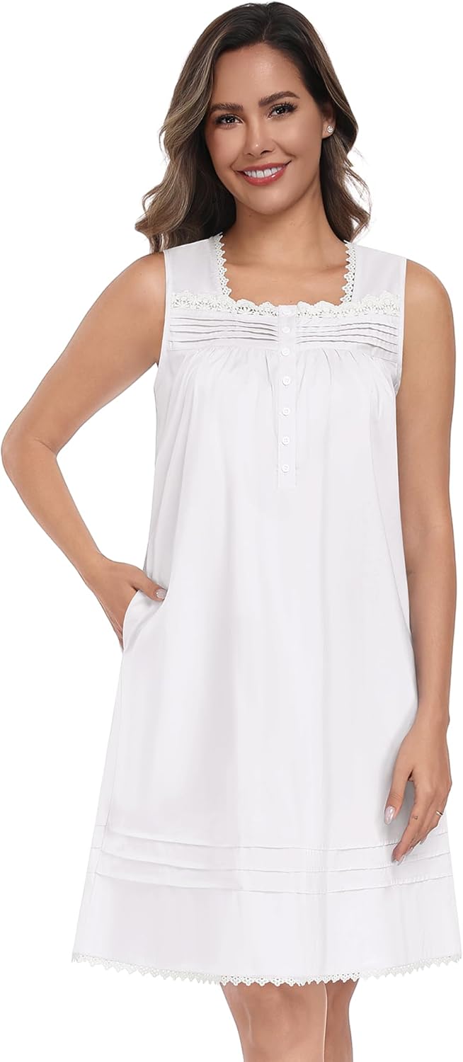 YOZLY 100% Cotton Nightgowns for Women Sleeveless Embroidery Night Gown Sleepwear with Pockets S-XXXL - Image 2