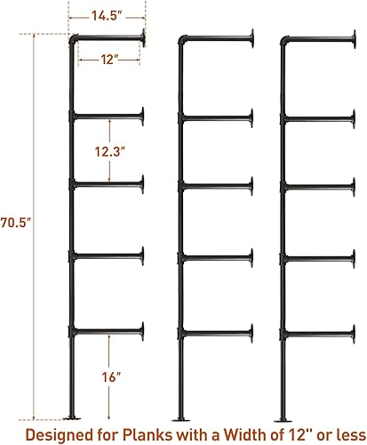 Miniatura 3 de HITOMEN Estantes industriales de tubos de hierro, 3 juegos de 5 niveles, 70 pulgadas de alto, 12 pulgadas de profundidad, estantería abierta de