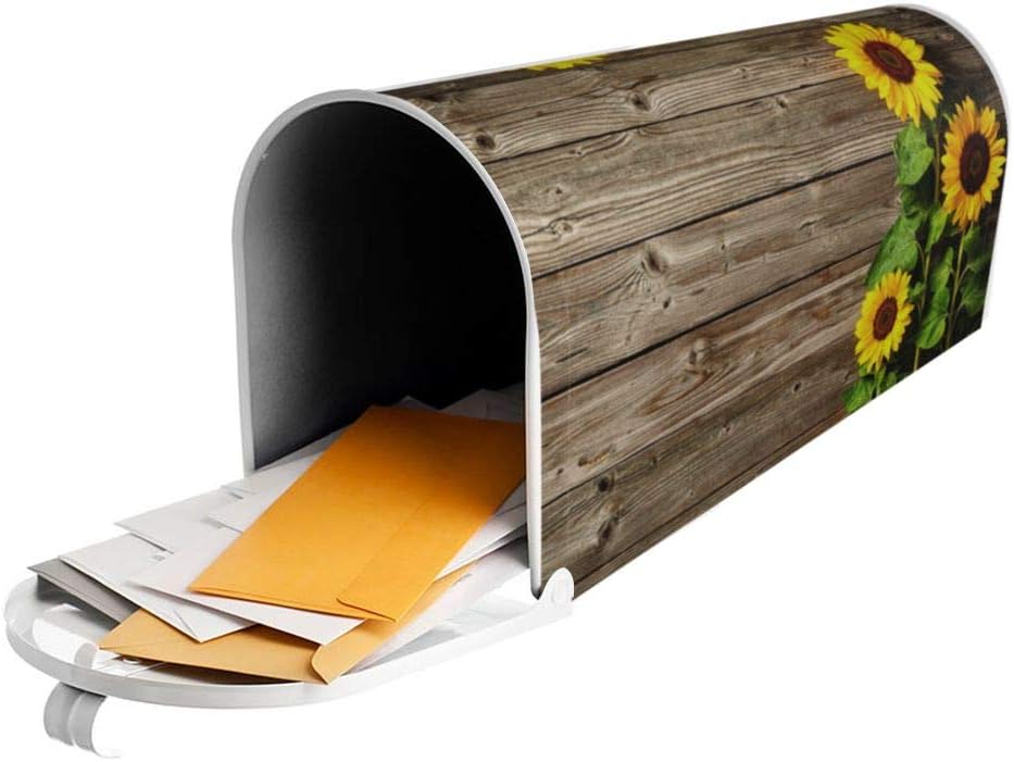 Autumn Sunflowers Wood Pattern Mailbox Covers Magnetic Post Box Cover Wraps Large Size 25.5x21 Inches for Garden Yard Decor