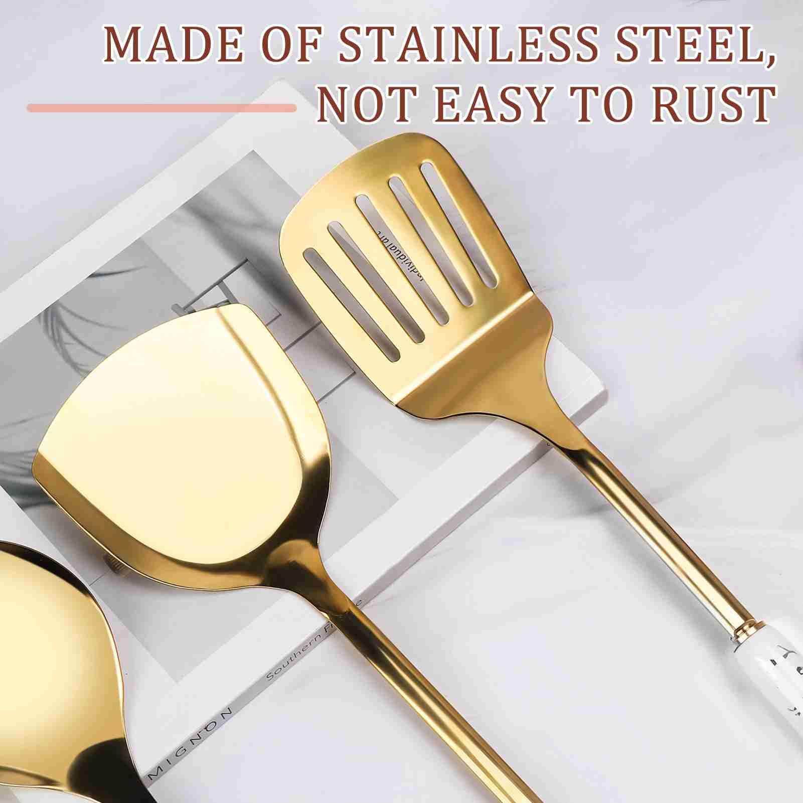 Hapvida Juego de utensilios de cocina, utensilios de acero inoxidable con mangos de cerámica, incluye espátula, cuchara, cucharón, triturador, espumadera, prensa de ajo, estante