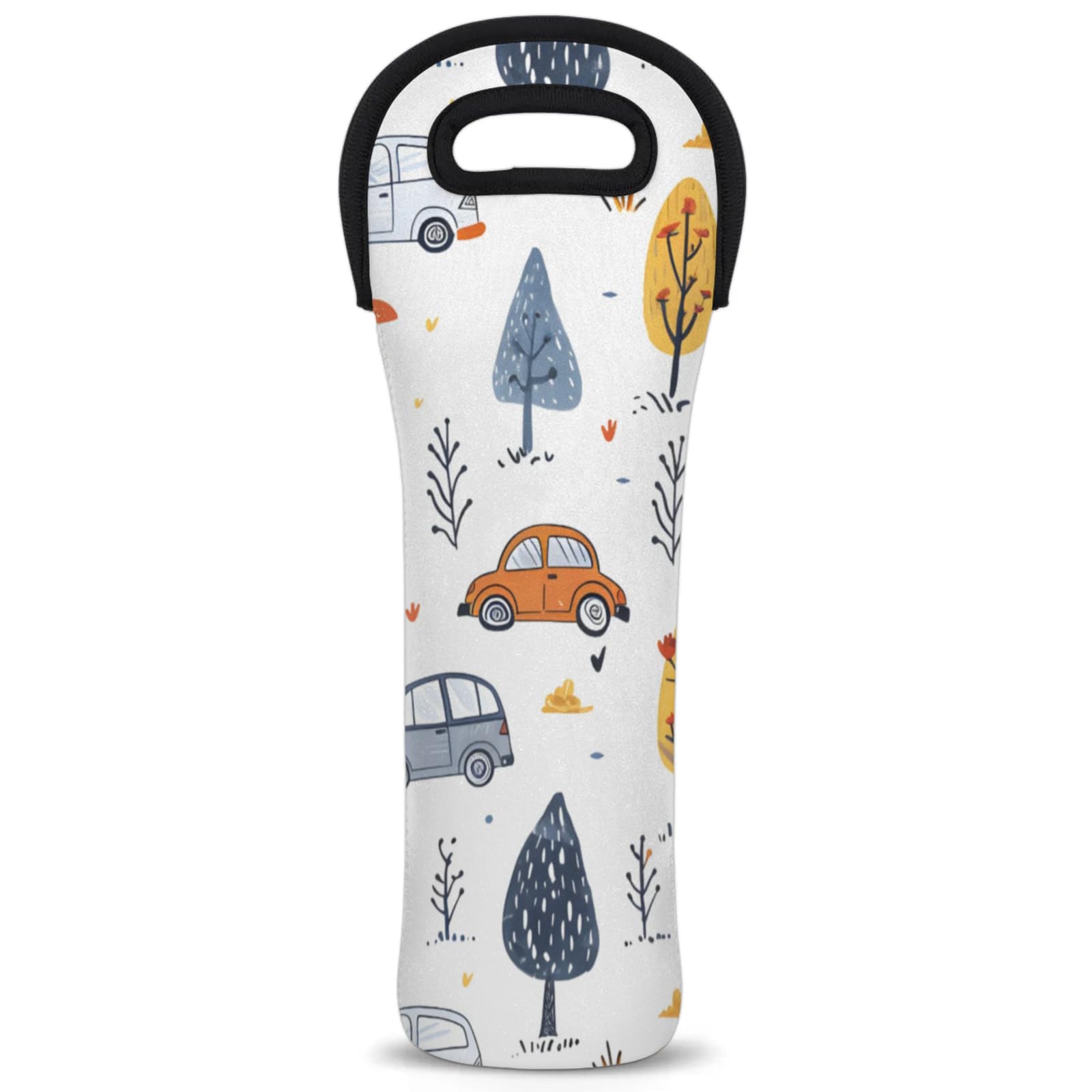 Neoprene Wine Tote Carrier Bag for Wine,Water, Champagne, Beer, Baby Bottles 15.6 x 5.1 Inches, Protective Wine Bag,Tree and Cars
