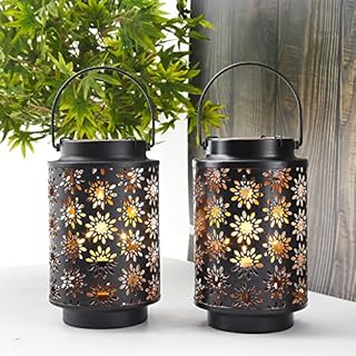 JHY DESIGN Set of 2 Metal Candle Holders Hanging Metal Candle Lanterns with Handle for Patio Garden Outdoor Walkway Yard Landscape Park Lawn(Flower Pattern)