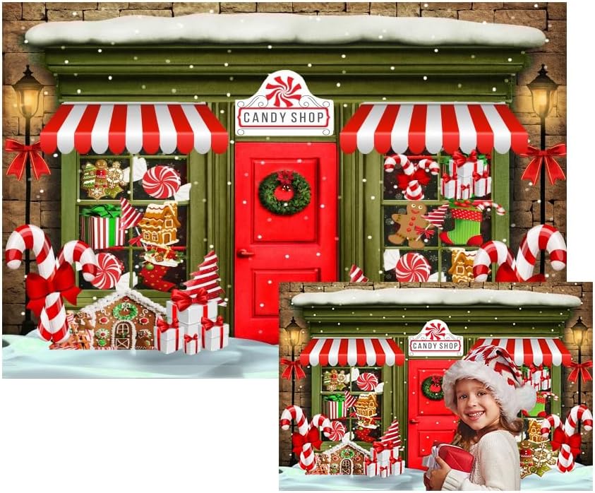 Leowefowa Christmas Candy Shop Backdrop 10x8ft Xmas Gingerbread House Red Door Storefront Photography Background Christmas Eve Party Banner Festival Holiday Kids Baby Family Photo Props