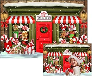Leowefowa Christmas Candy Shop Backdrop 10x8ft Xmas Gingerbread House Red Door Storefront Photography Background Christmas Eve Party Banner Festival Holiday Kids Baby Family Photo…