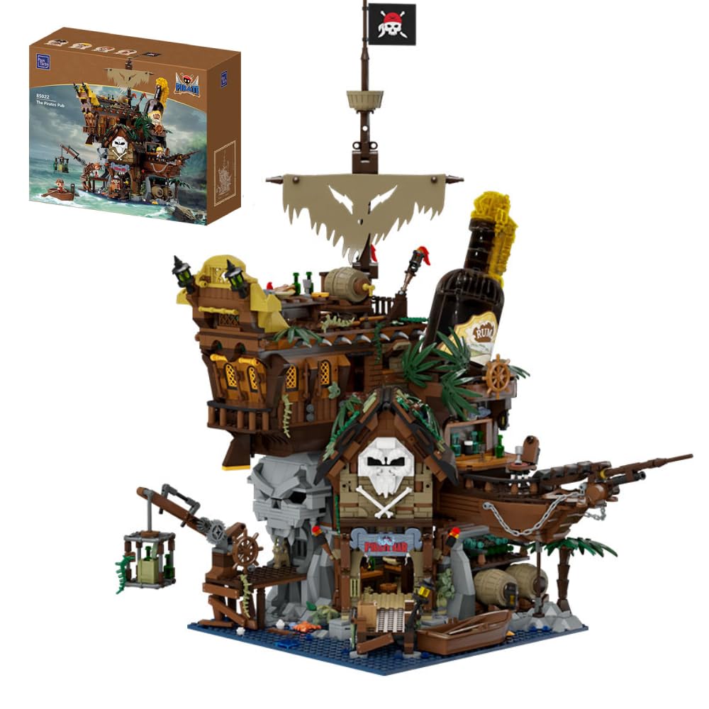 PAN TASY Pirate Tavern Building Set, Modular Shipwreck Architecture, Featuring Terrace Bar, Giant Rum Bottle Nautical Building Block Kit for Adult