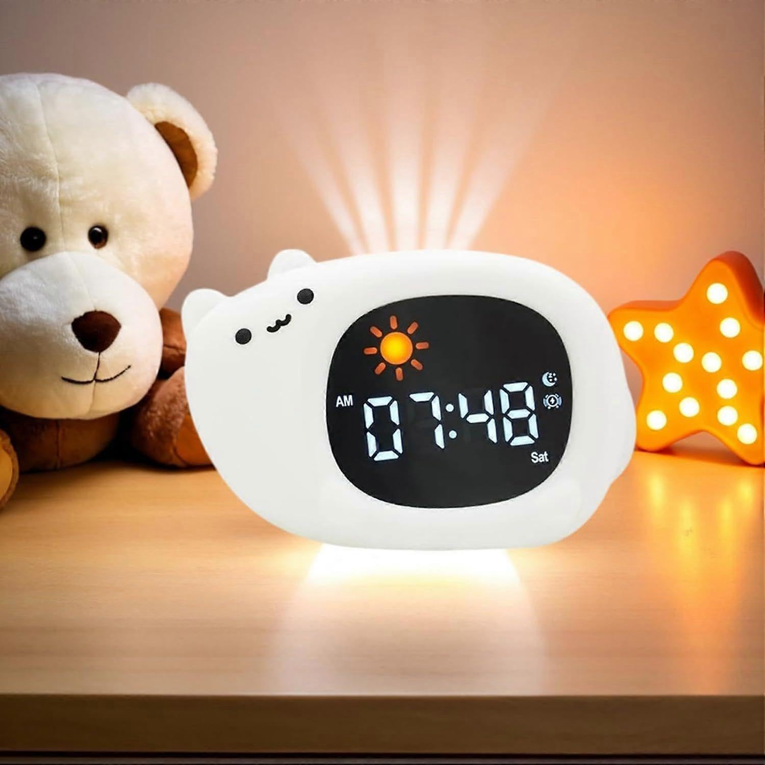 Nachtlichtwecker mit 9 Lichtfarben und 6 weißen Geräuschen, digitale Schlaftrainingsuhr, einstellbare Helligkeit und Klang, Geschenke für Kinder – Katze