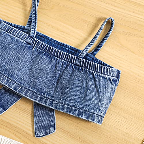 2PCS Toddler Kids Girls Baby Summer Outfit Set Spaghetti Strap Sleeveless Bow Denim Camisole + Skirt Shorts3
