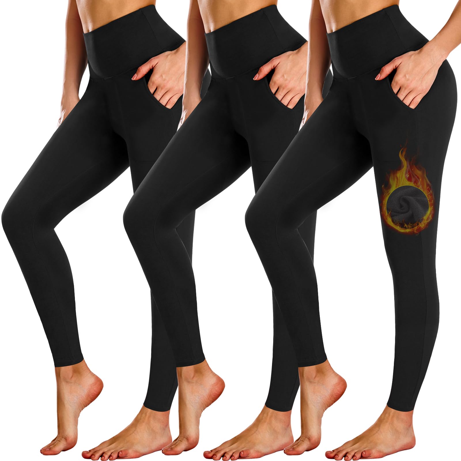 NEW YOUNG 3 Pack Fleece Lined Leggings with Pockets for Women High Waisted Thermal Warm Winter Yoga Pants