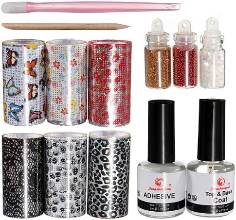 Nail Art Foils Transfer Glitter Tips Adhesive Top Coat Set