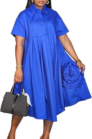 Women Casual Short Sleeve Shirt Dress Loose Button Down A Line Flowy Midi Dresses Plus Size