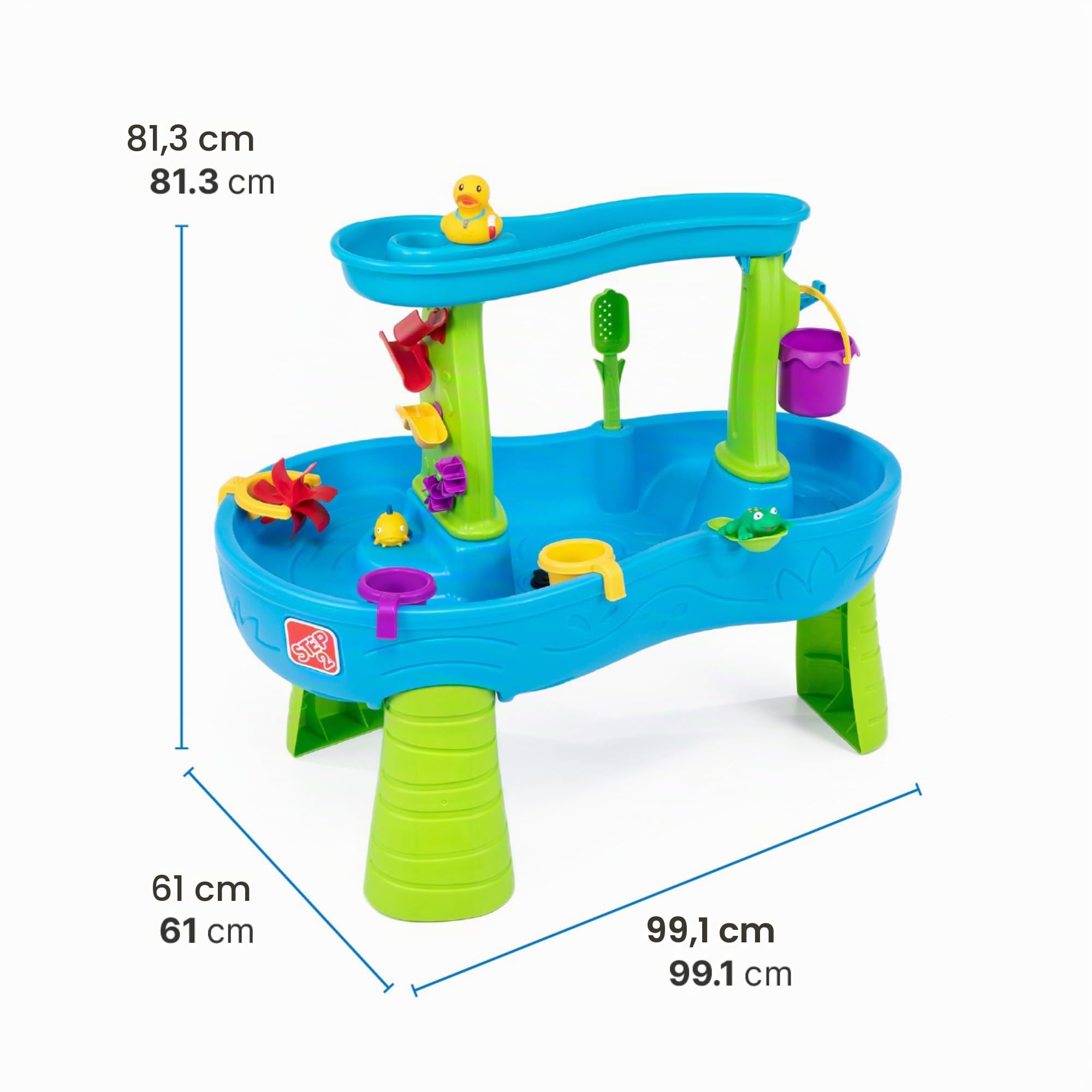 Step2 Rain Showers Mesa de Agua y Arena, Azul y Verde, 13 Accesorios, Juegos de Agua para Niños