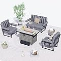 HOOOWOOO Aluminum Patio Furniture Set with Fire Pit,4 Piece Outdoor Modern Conversation Sofa,Outside Couch Seating Set with Cushioned Armrest,Grey Stripe(42" Table)