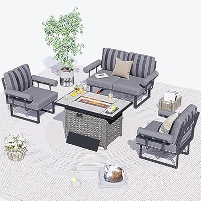 HOOOWOOO Aluminum Patio Furniture Set with Fire Pit,4 Piece Outdoor Modern Conversation Sofa,Outside Couch Seating Set with Cushioned Armrest,Grey Stripe(42" Table)