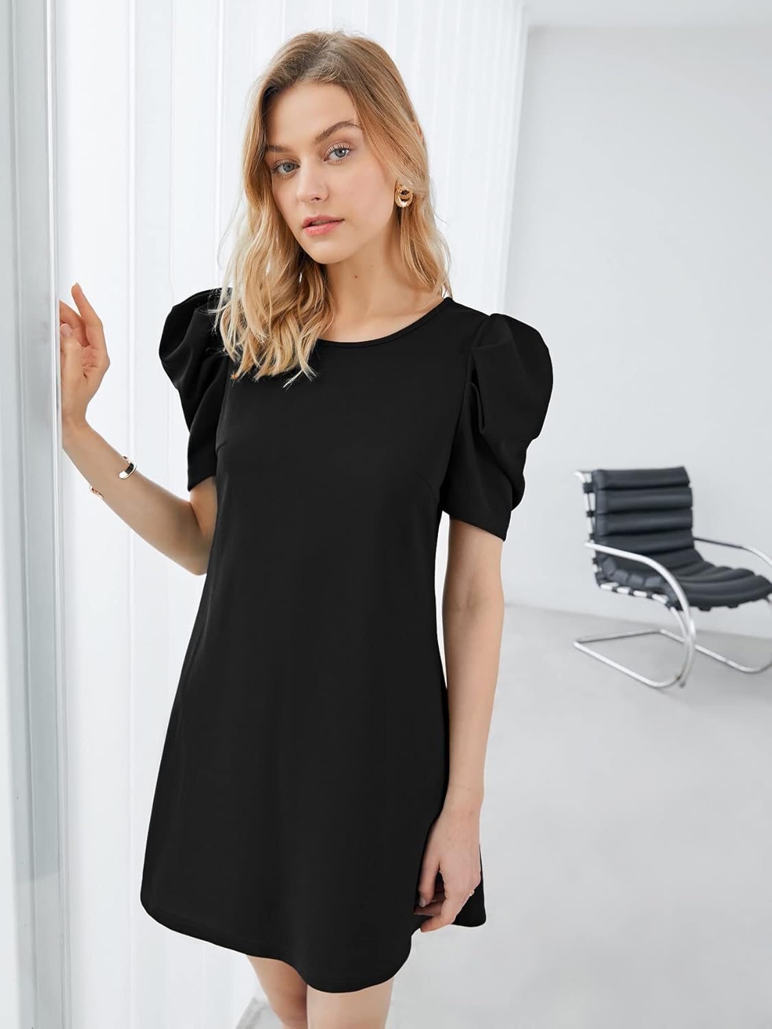 WDIRARA Women's Summer Puff Short Sleeve Casual Dress Round Neck Fashion Elegant A Line Dresses - Image 3