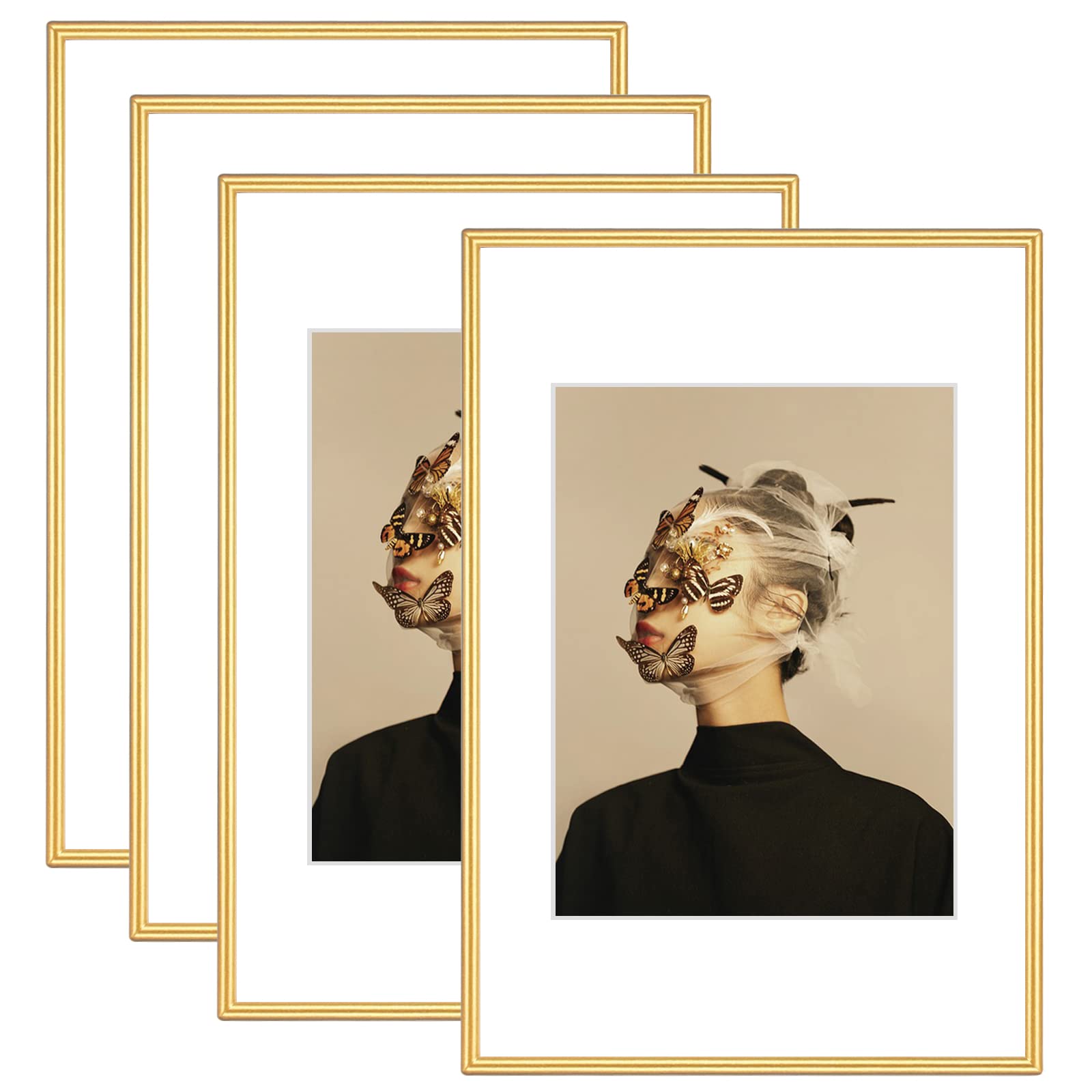 Fkvat 8x12 Picture Frame Set of 4, Matted Gold Simple Modern Thin Aluminum Metal Photo Frame Fits 6x8 with Mat or 8x12 without Mat Photo. Display for Tabletop or Wall Collage. (8x12 Gold).
