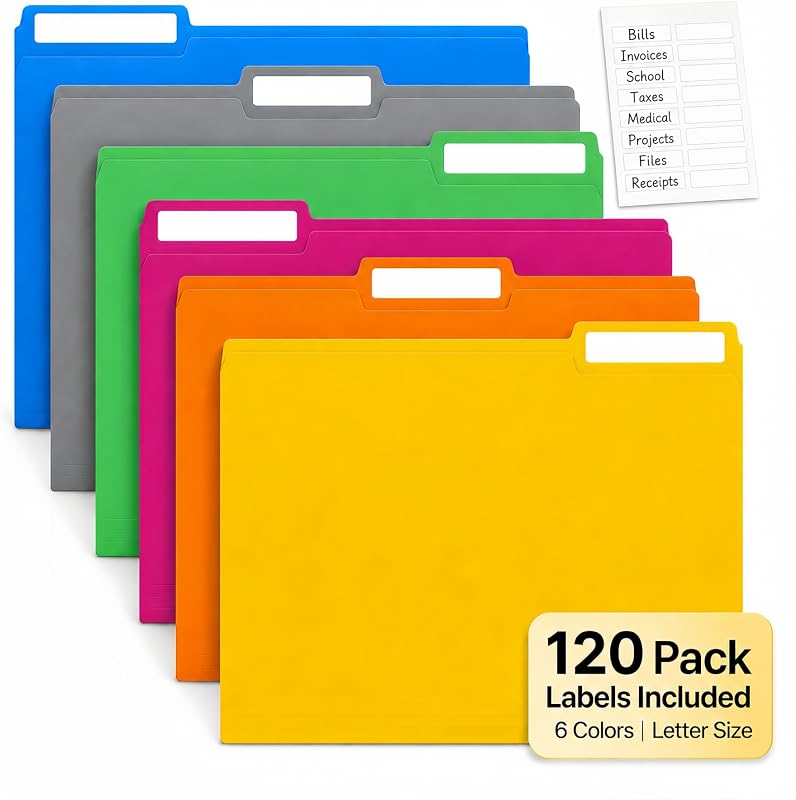 120 Pack Colored File Folders ，Letter Size Manila Folders with 1/3 Cut Tabs | 6 Assorted Colors, 8.5 x 11 Paper Filing Folders for Office, School and Home Documents for Simple Color-coded Organization.