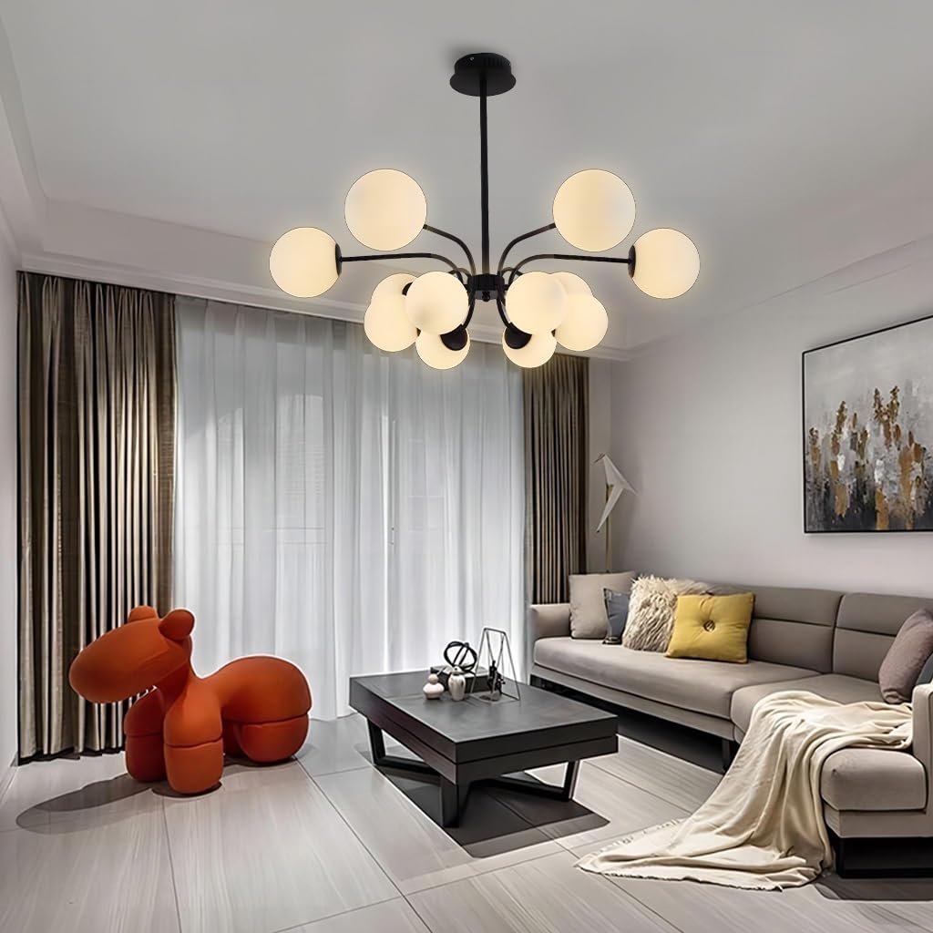 LYSDjia 12-Light Sputnik Chandelier Modern Pendant Light Fixture with 15cm Opal White Glass Globe Shade for Flat and Slop Ceiling Height Adjustable for Kitchen Living Room Dining Room Bedroom(Black)
