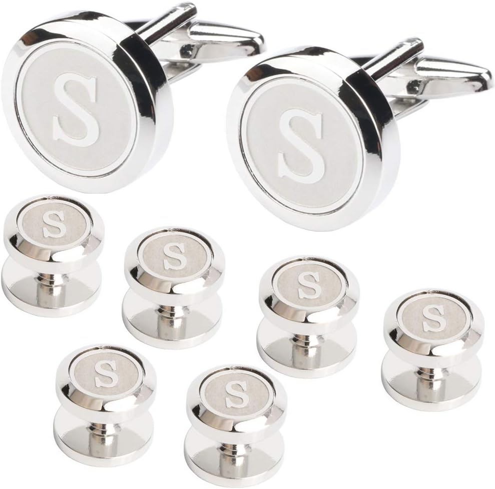 Mens Cufflinks and Studs Tuxedo Shirts Business Wedding Initials Alphabet A-Z Gift Set