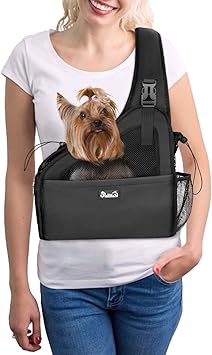 SlowTon Pet Dog Sling Carrier, Hands Free Hard Bottom Papoose Small Animal Puppy Up to 6 lbs Travel Bag Tote Breathable Mesh Support Adjustable Padded Strap Pocket Safety BeltWidened Black