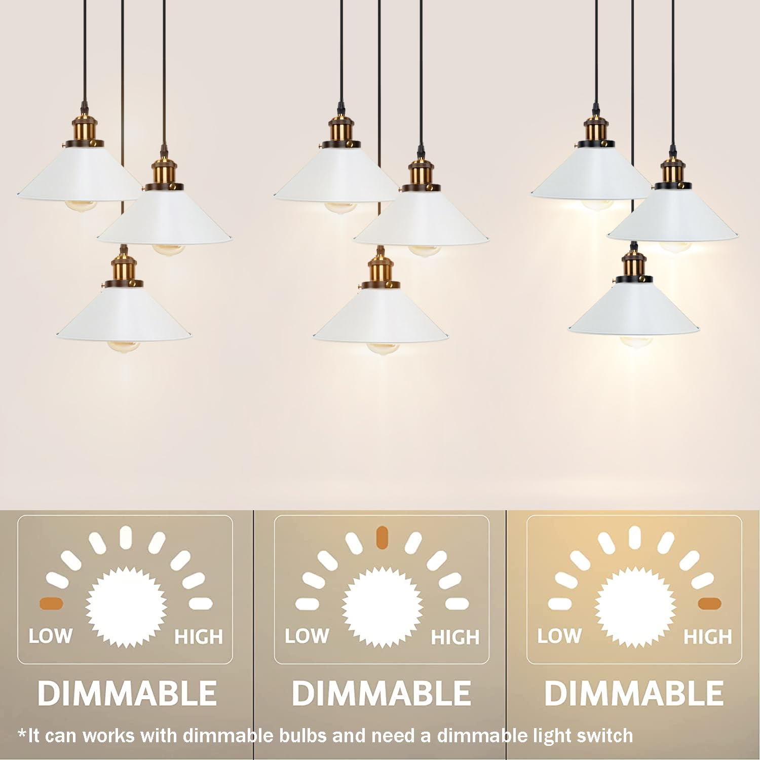 LEDSone Retro 3-głowicowy 20 cm kształt stożka metalowy biały klosz sufitowy 3-drożny E27 lampa wisząca oprawa oświetleniowa kopuła klosz oświetlenie łatwe dopasowanie wisząca regulowana oprawa