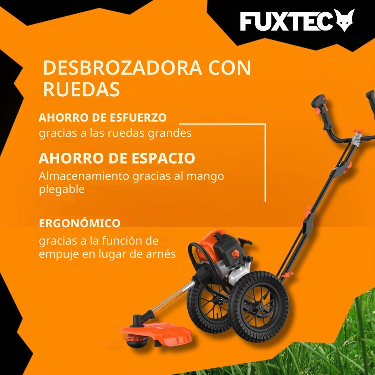 FUXTEC Desbrozadora con Ruedas de Gasolina FX-FSR152 de 52cc y con 3 CV - diseñada para Grandes Superficies y para su Espalda. Recortadora Trimmer,Motor de Gasolina de 2 Tiempos