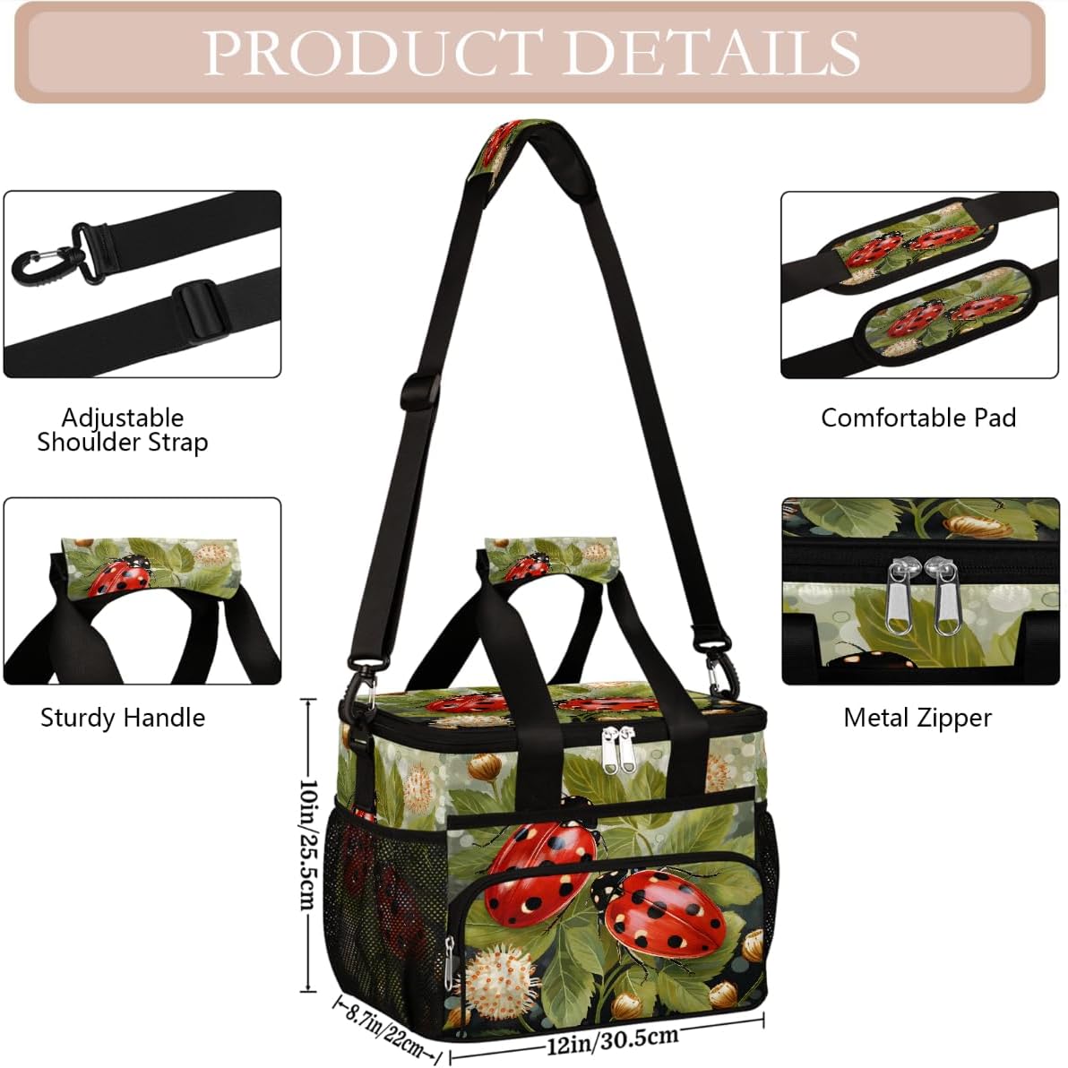 Large Lunch Box for Women Men Insulated Thermal Lunch Tote Bag Green Leaves Ladybug Reusable Cooler Bag Portable Adult Lunchbox Container with Adjustable Strap for Work Picnic