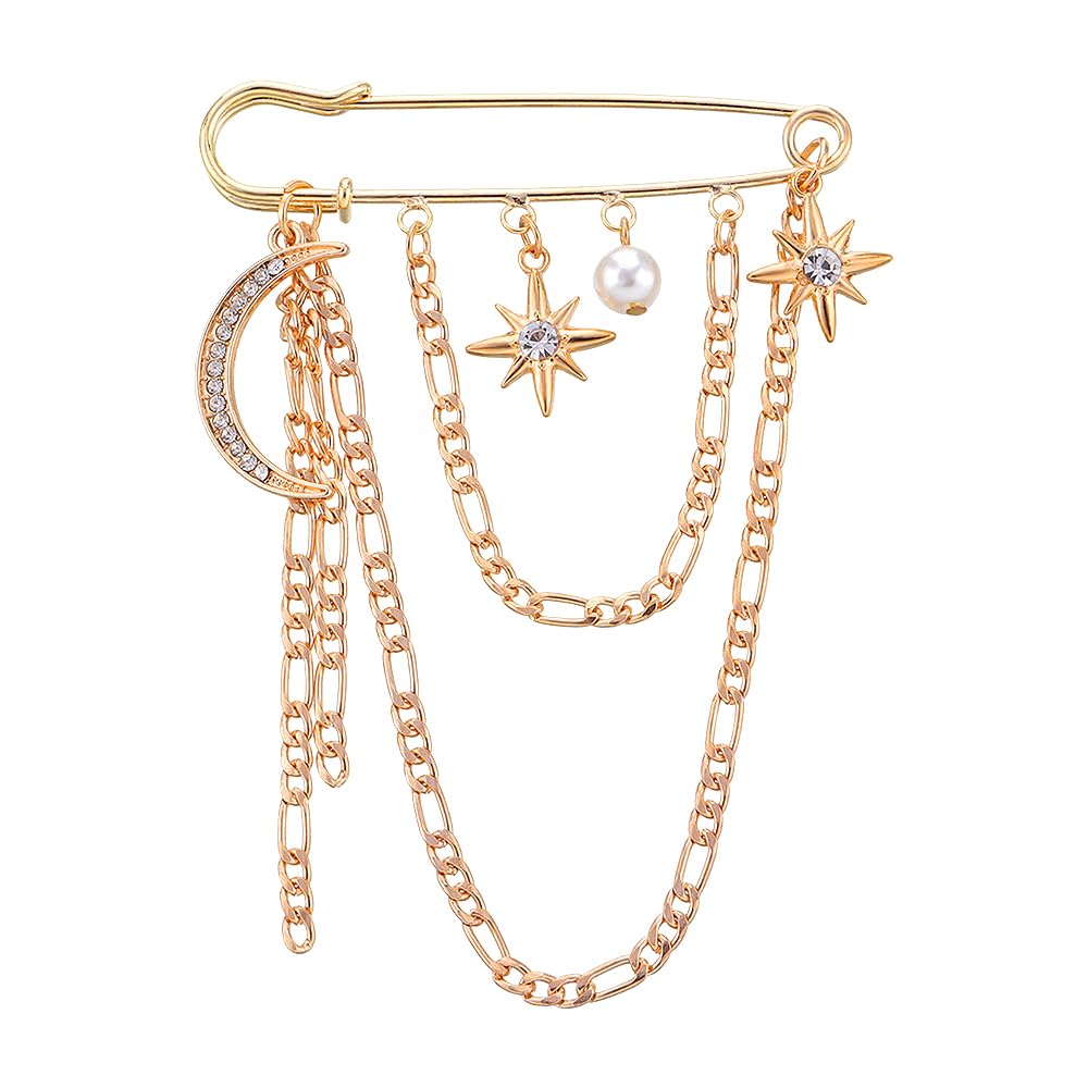 Safety Pin Brooch with Hanging Chains Charms Decorative Punk Goth Collar Brooches Pin for Sweater Dress Skirt Tie Pins Emo Pins