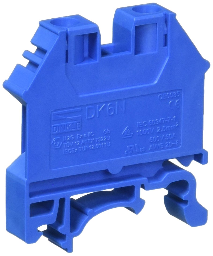 Dinkle DK6N-BL Blue DIN Rail Terminal Block Screw Type UL 600V 50A 8-20AWG, Pack of 100