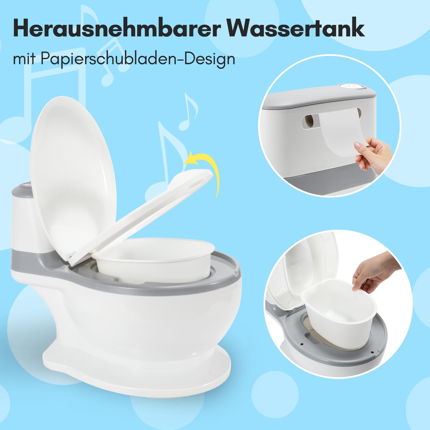Ikodm Kinder töpfchen mit Spülgeräusch,Toilettentrainer für Kinder mit Sound und Batterien,Töpfchen für kinder weiches PU-Kissen,mit Pinsel Grau weiß