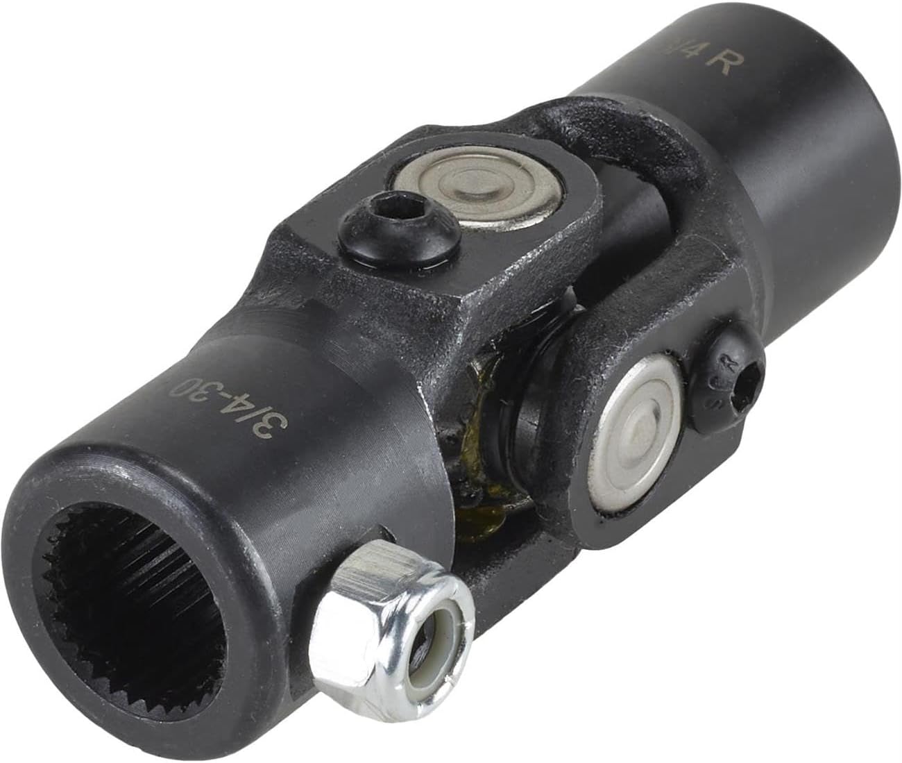 Speedway Motors Small GM Power Steering U-Joint, 1978-Up 3/4-30 Spline to 3/4 Round Forged Steel Steering Shaft Coupler with Black Oxide Finish