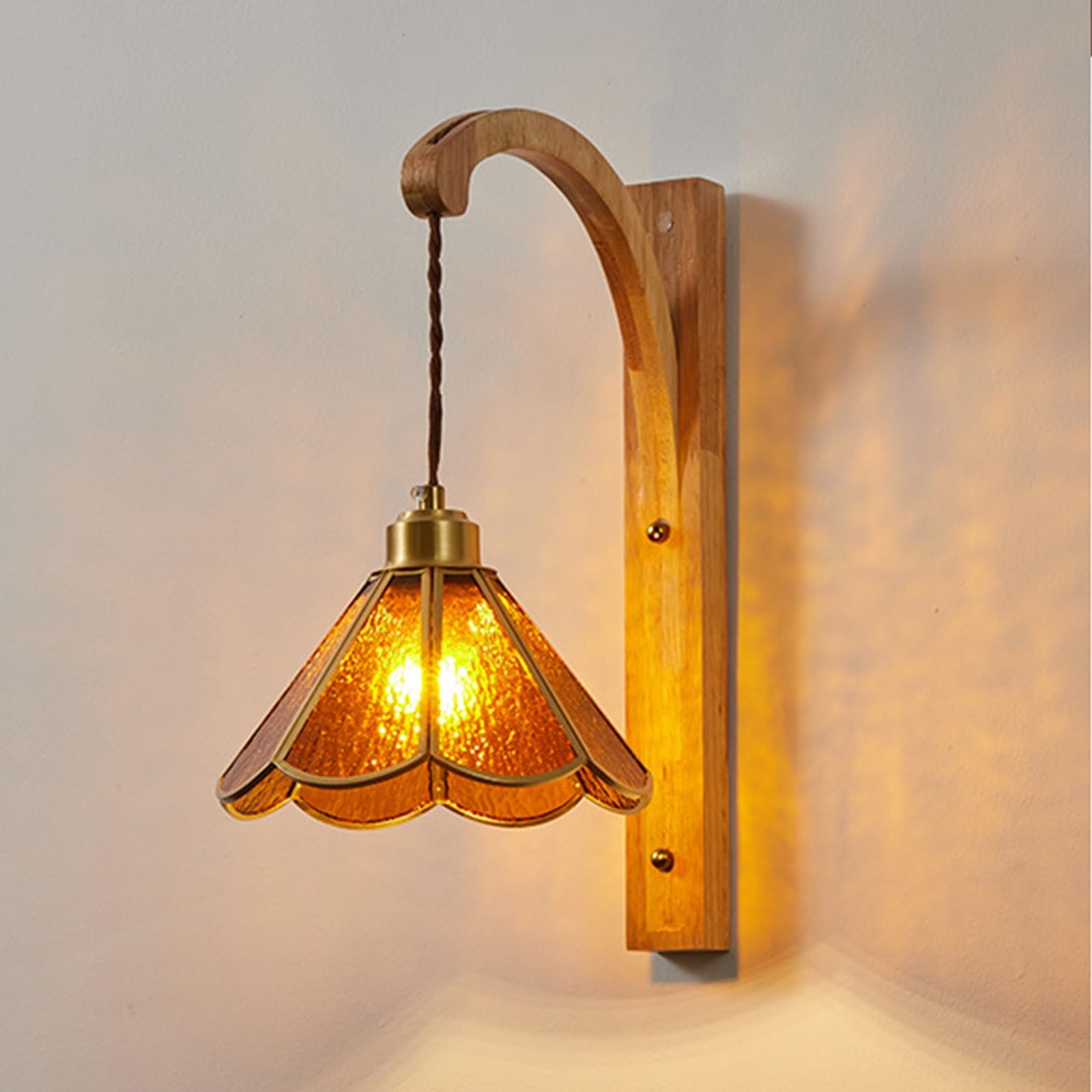 SXWNBIFH Amber Glass Wall Sconce, Retro Style Wall Lamp with Curved Wood Arm, E27 Hardwired Vintage Wall Mounted Light Fixture for Bedroom, Living Room, Cafe Decor(Wood)