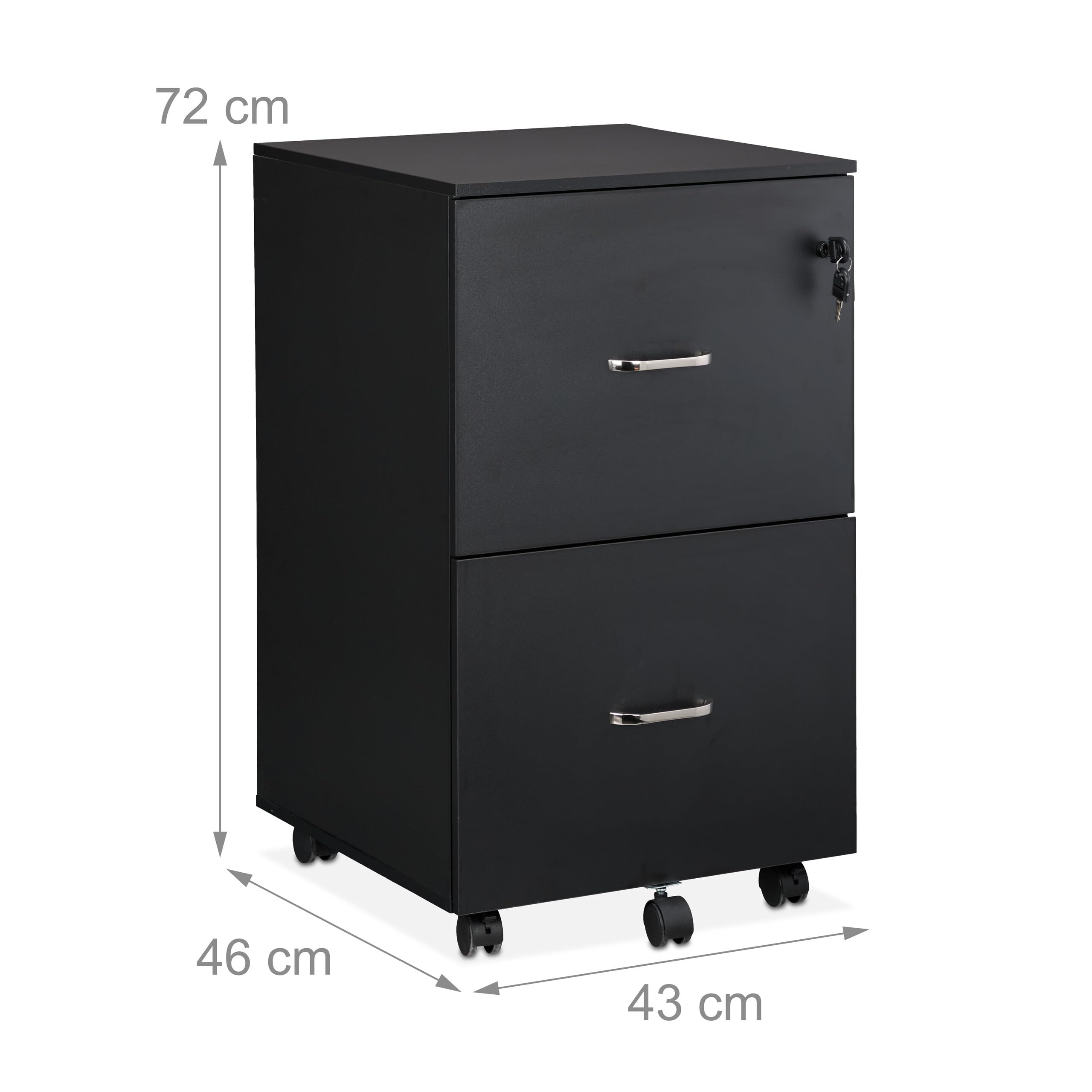 Relaxdays Mueble Archivador, 2 Cajones para Ficheros, 72 x 43 x 46 cm, Cajonera Oficina, Cierre con Llave, Negro