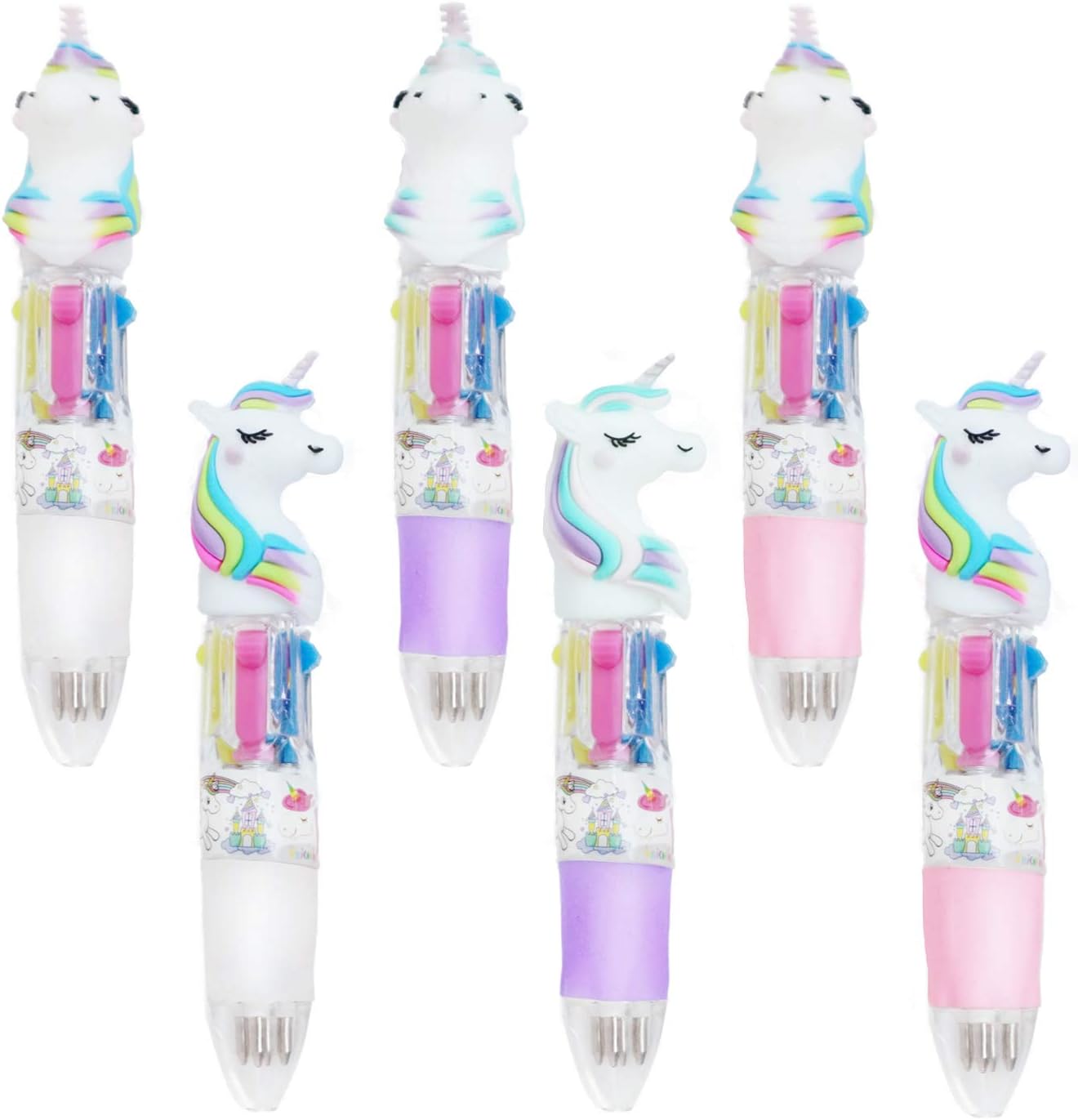 Cute Retractable Ballpoint Shuttle Pens Unicorn Pen 0.5 mm Gel Ink Roller Pen Multicolor Liquid Ink Pens Set 4-Color-In-1 Office School Pen Supplies Gifts for children 6 pcs