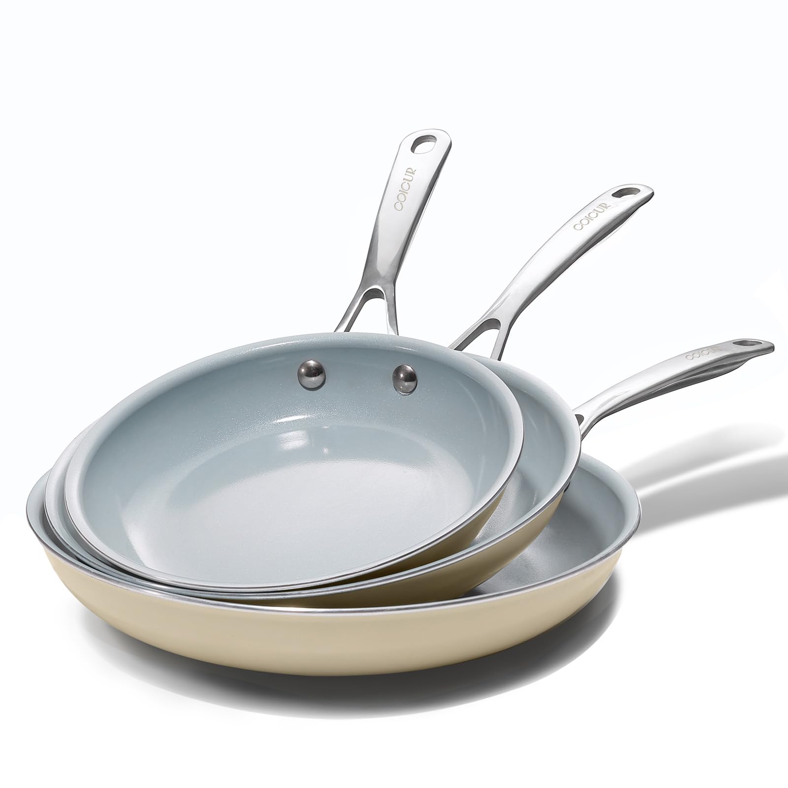 Coicur Nonstick Ceramic Frying Pans 20 24 28cm Ceramic Skillets Set with Stainless Steel Handle Induction Kitchen Cookware Set, PFOA Free, Cream White