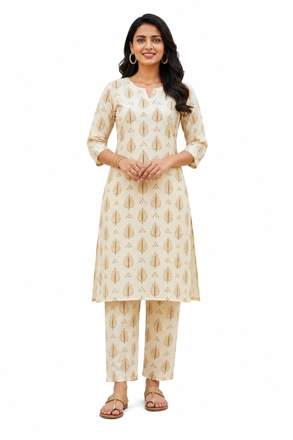 Women’s Off-White Printed Co-Ord Set | Premium Cotton V-Neck Top with 3/4 Sleeves & Matching Trousers | Mustard Leaf Print | Elegant Ethnic & Casual Wear Outfit-picture-30