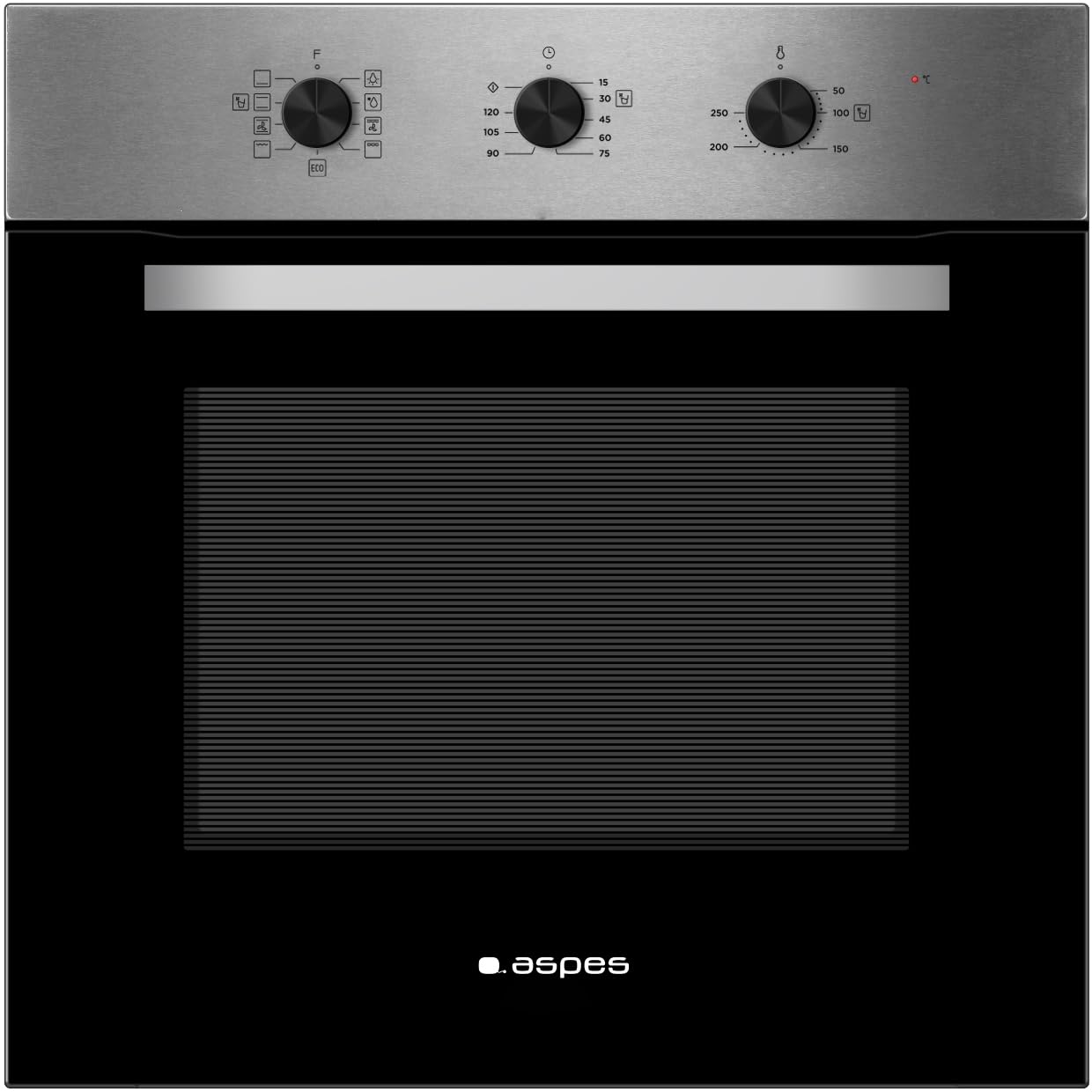 Aspes Horno Multifunción Inox AHM86500X. Capacidad 65 Litros, 3000 W, Grill, 8 Programas, Cavidad Relieve, Temporizador, Fácil Limpieza, Eficiencia Energética Clase A