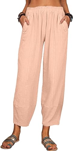 Pantalones sueltos casuales de pierna ancha para mujer, holgados, ligeros, cómodos, cintura elástica, pantalones recortados con bolsillos