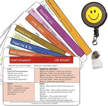 10 EMT Badge Cards, Paramedics Pocket Card, EMS Reference Cards - PCR. S.O.A.P. /TIME Out/Hospital Report, Burn Treatment, Adult & Pediatric V/S, 12 Lead EKG, ACLS, BLS, Stroke, Basic Assessment
