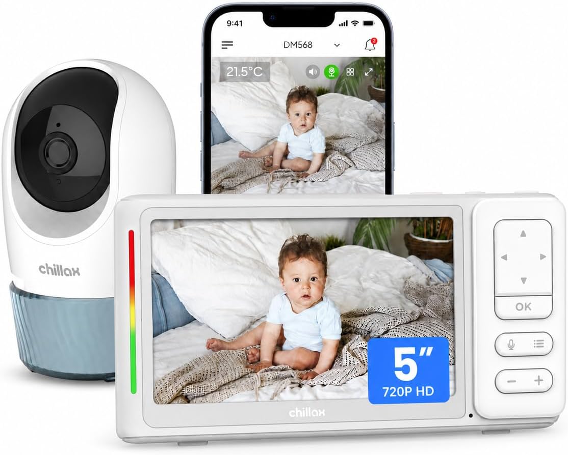 CHILLAX Baby Monitor with Camera and Audio Video Baby Monitor No WiFi or WiFi Optional,2K QHD, 2‑Way Talk, Temperature Sensor, 1000ft Range, 5" Screen, Pan‑Tilt‑Zoom, Night Light, Sleep Trainer,