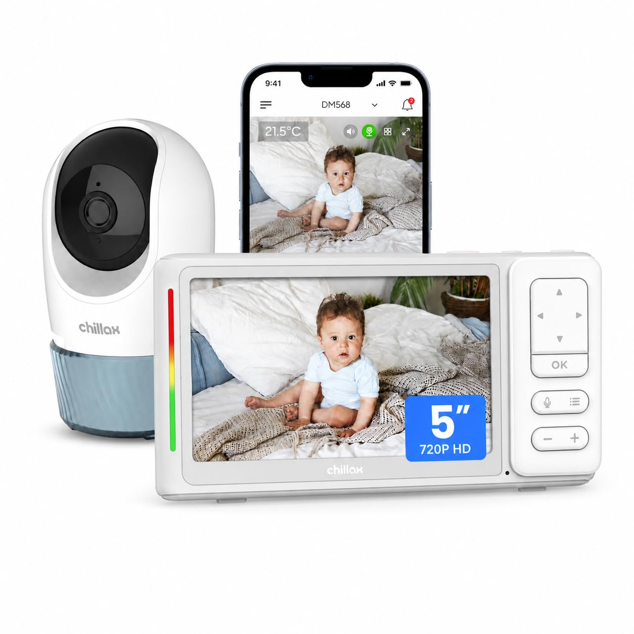 CHILLAX Baby Monitor with Camera and Audio Video Baby Monitor No WiFi or WiFi Optional,2K QHD, 2‑Way Talk, Temperature Sensor, 1000ft Range, 5" Screen, Pan‑Tilt‑Zoom, Night Light, Sleep Trainer,