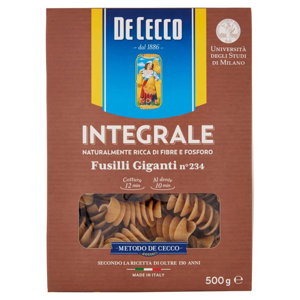 Italian Gourmet Pasta Fusilli giganti integrali n. 234 24 x 500g, Vollkorn | Formato grande; Hartweizengrieß aus ganzem Korn, kochstabil für sughi ricchi, Gesamtnettogewicht 12 kg + Kostenlos Polpa 400g