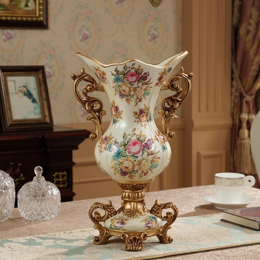 European-Style Retro Resin Tall Vases with Artificial Flowers Arrangements Bouquets for Living Dining Room Table Centerpiece Bedroom Office Hotel Home Decoration Large Decorative Face Flower Vase (Co