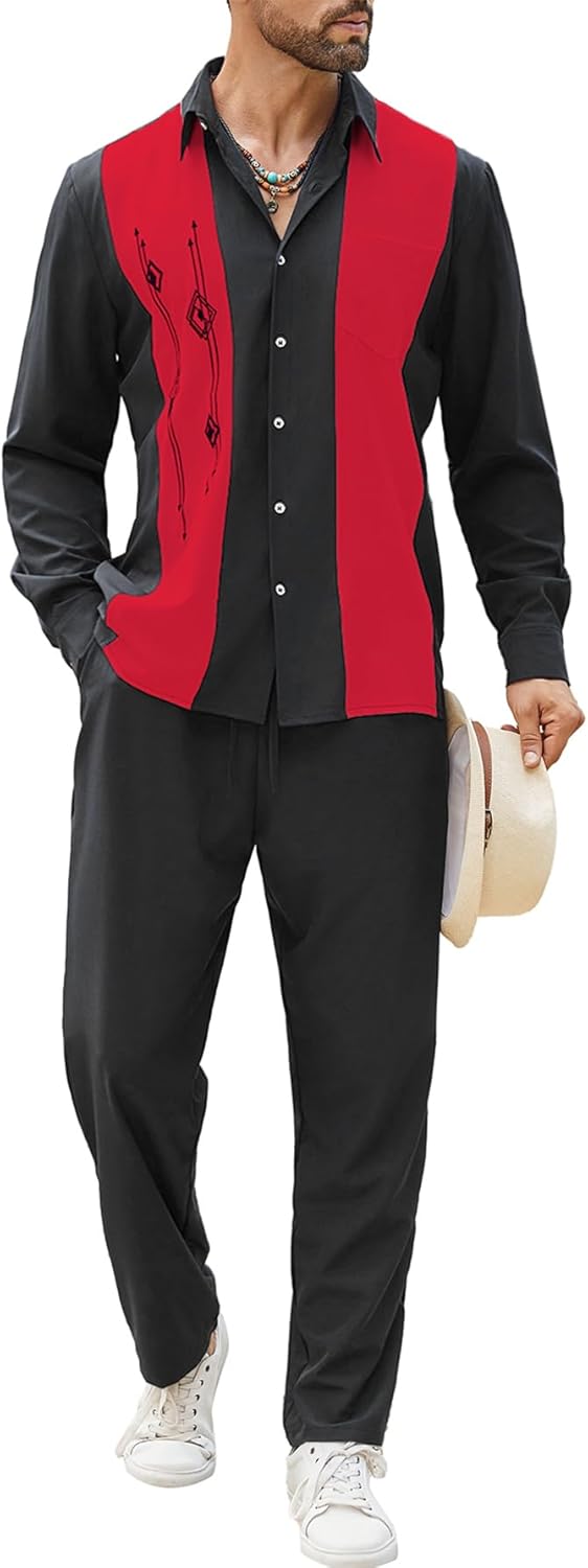 Daupanzees Men’s Vintage 2 Piece Set 1950s Retro Bowling Button Down Shirt Outfit Casual Embroidered Shirt and Pant Sets